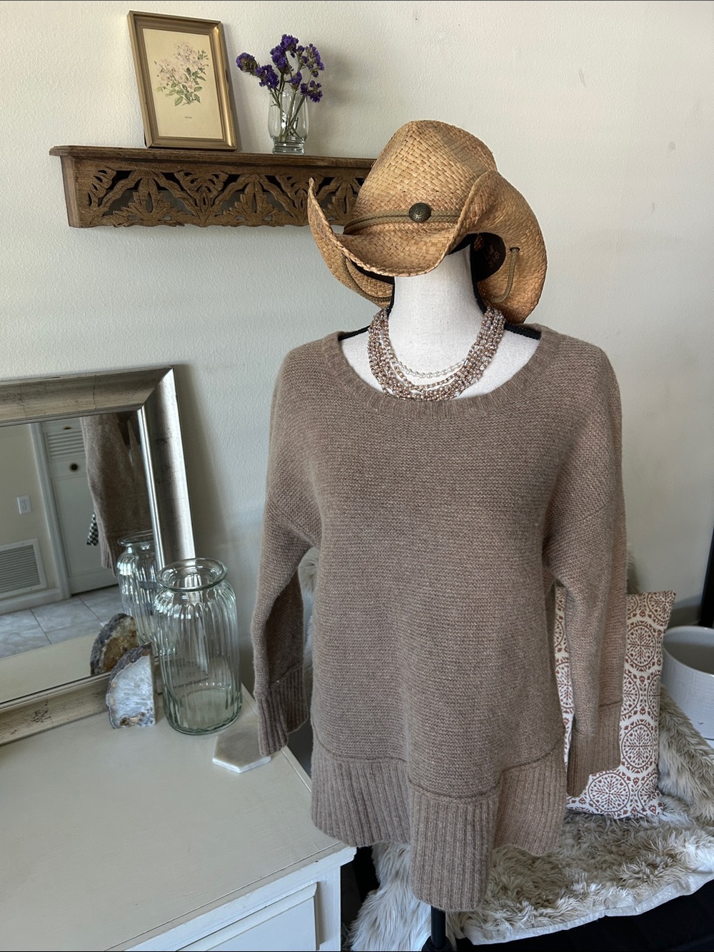 J.Jill light brown wool knit boat neck Boxy relaxed drop shoulder sweater L